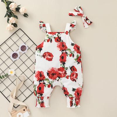 China Elegant Style Polyester/Cotton Amazon Sale Summer Hot Cotton Knitted Newborn Baby Crawling Suit Rose Red Sleeveless Floral Pattern for sale