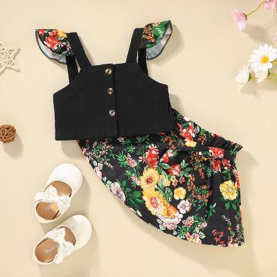 China Vintage 1990s style retro matching sleeveless black black flower design belly top printed skirt summer girl clothes sets for sale