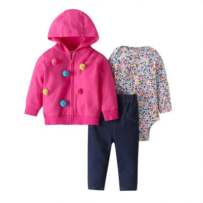 China OEM Pattern Anti-static Floral Rompers Autumn Bright Pink Chromatic Design Matching Clothes Baby 3pcs Dressing Set for sale