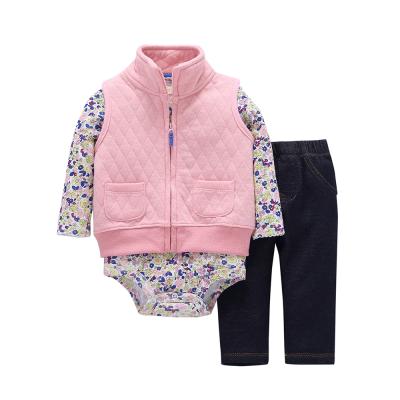 China Fashion Ready to Ship Solid Color Pink Vest Jacket Baby Girl Flower Pattern Rompers 3pcs Clothing Set for sale