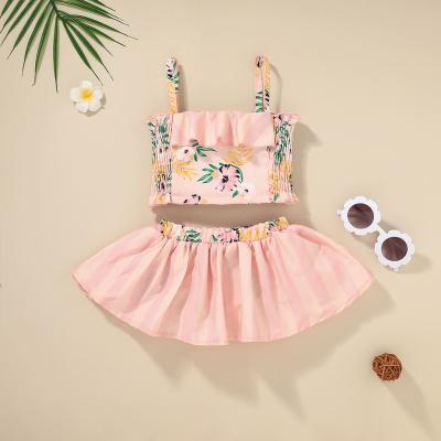 China Designer Casual Clothes Summer Kid Dress Up 2 Piece Set Toddler Girl Clothes Flower Pleated Skirt Suit for sale