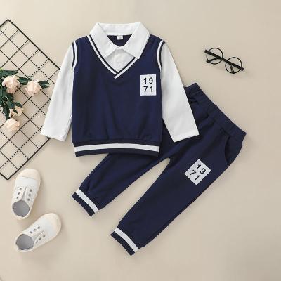 China Wholesale Preppy Style Korean Version Preppy Style Full Sleeve Lapel Shirt Navy Blue Autumn Fashion 2pcs Kids Boy Clothing Set for sale