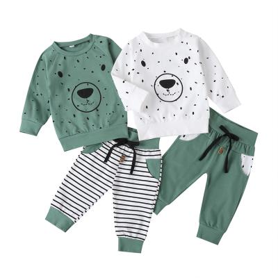 China Wholesale Cute Polyester / Cotton Cartoon Bear Face Printed Full Sleeve Autumn Baby Unisex Clothing 2pcs Set for sale