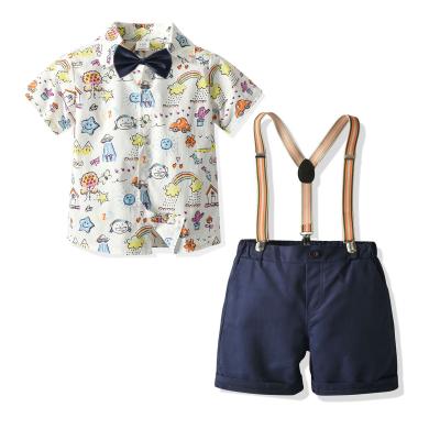 China Hot Sale Gentleman Style Summer Kids Boy Strap Suit Anti-Static Bow Tie Shorts Baby Boy's Clothing Sets for sale