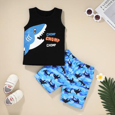 China Sale Tank Tops Summer Casual Style Cartoon Shark Pattern Cotton Top Breathable Kids Boy Clothes Set for sale