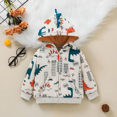 China Autumn Hot Sale Boy Dinosaur Print Hooded Jacket Ordinary Thickness Coat Cute Windproof Zipper Long Sleeve for sale