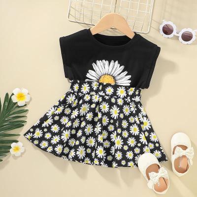 China Breathable Ready To Ship OEM Featured Sunflower Printed Sleeveless Summer Kids Girls Dress For 1-6 Years for sale