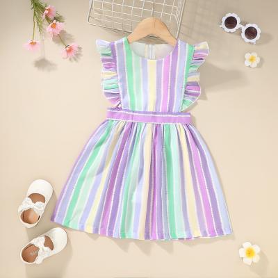 China Sustainable Hot Sale Rainbow Pattern Multi Color Vertical Striped Sleeveless Girls Summer A-Line Dress for sale