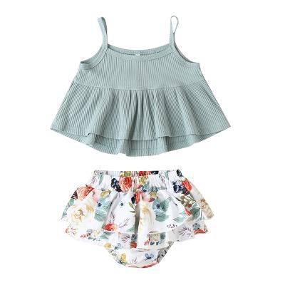 China ENGLAND STYLE Hot Sale Solid Color Girls Summer Costume New Floral Pattern Shorts Cotton Knitted Baby Kids Clothing Sets for sale