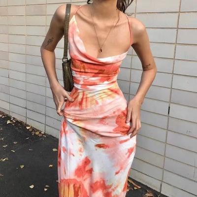 China Summer Anti-Static Loose Silk Backless Dress Loose Sleeveless Dress Women Long Casual Unique Dye Printed Ladies Dress Lace Up Back for sale