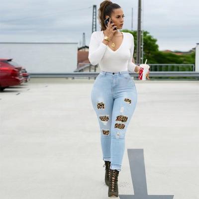 China Amazon Hot Seller High Waist QUICK DRY Slim Women's Leopard Jeans Patchwork Long Pants Plus Size Straight Lady Daily Jeans Trousers for sale