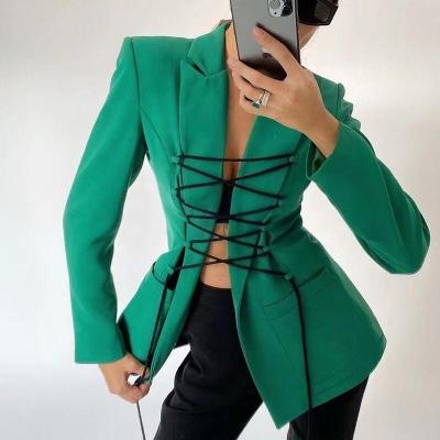 China 2022 Spring Women's Anti-wrinkle New Wear Long Sleeved Bandage Fashion Medium Long Casual Temperament Small Suit Women's Coats for sale