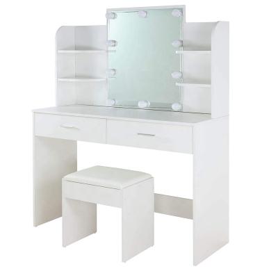 China Foldable Modern White Mirrored 2 Drawer Vanity Makeup Table With Stool for sale