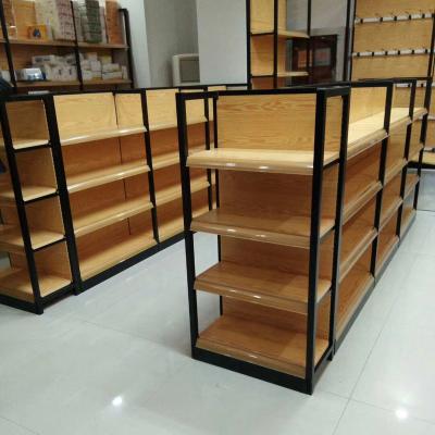 China Single/Double Side Supermarket Shelves Adjustable Wood Shelf Pharmacy Gondola Shelving Store Wood Shelving for sale