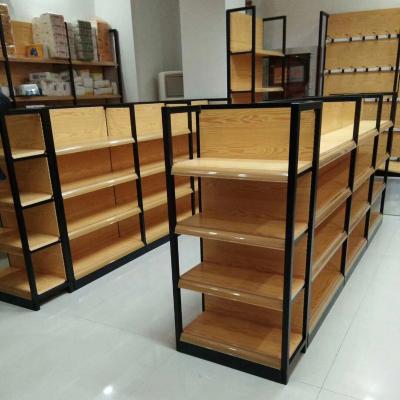 China OEM Double Side Gondola Side Gondola Shelving Display Rack Wooden Steel Single/Double Rack Products for sale