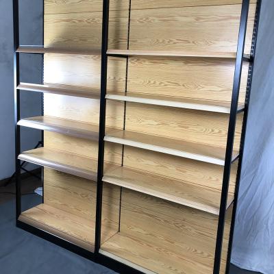 China / Single Side Customized Retail Product Showcase Gondola Shelving Shelf Supermarket Double Metal And Wood Shelf for sale