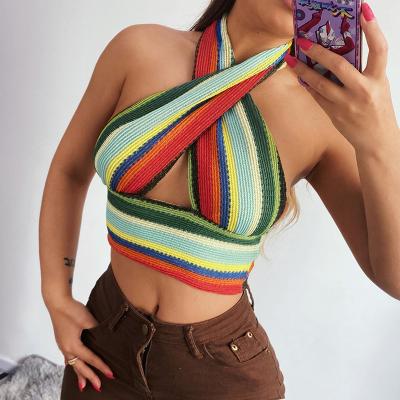 China 2021 women's new fashion anti-pilling soft and sexy colorful sleeveless thin neck hanging to knit cross top vest for sale