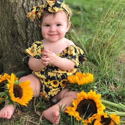 China 2021 Summer Skin-Friendly Newborn Baby Clothes Sunflower Sleeveless Romper Jumpsuit+Headband Outfits for sale