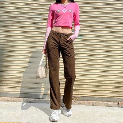 China 2021 Available Anti-Wrinkle Solid Color Mid Waist Brown One Piece Jeans Pants Loose Straight Polyester Work Pants Women for sale