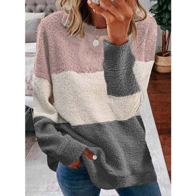 China 2021 New Design Cotton Fur Available Crew Neck Anti-wrinkle Winter Striped Patchwork Hoodie Plus Size Women Hooded Plain Sweatshirts for sale