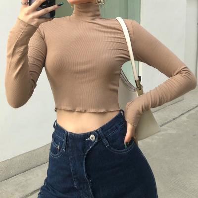 China 2021 Newest Design Anti-Wrinkle 2021 Women's Sexy Navelless T-shirt Solid Color Semi-Turtleneck Long Sleeve Crop Top Plain T-shirts for sale