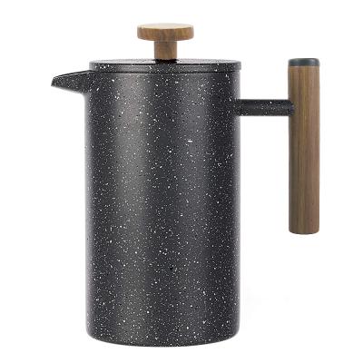 China Customization Viable Logo Double Wall Insulated Stainless Steel French Press Cafetiere Coffee Maker Pot With Wooden Handle for sale