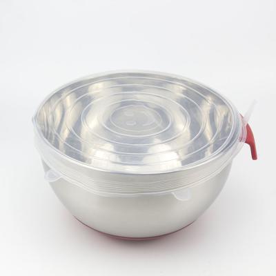 China Disposable Metal Stainless Steel Fruit Food Storage Large Non-slip Bottom Vegetable Salad Bowl With Reusable Silicone Stretch Lid for sale