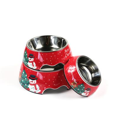 China 2021 Viable New Christmas Pet Bowl Stainless Steel Dog Bowl Christmas Dog Food Bowl for sale