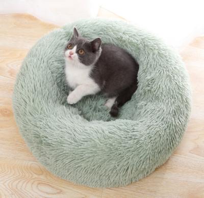 China New Design Cat Supplies Plush Border Cat Nest Deep Sleep Winter Pet Cat Round Stocked Round Bed for sale