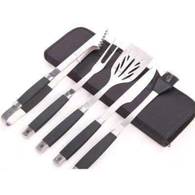 China Hot Selling 5 Pcs Easily Cleaned Stainless Steel BBQ Tool Kit With Slip And Heat Resistant Rubber Handles for sale