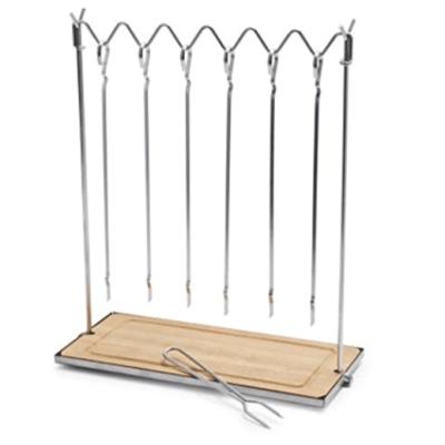 China Dustproof Stainless Steel BBQ Skewer Rack With Rubber Wood Board for sale