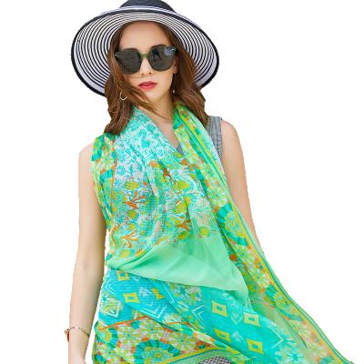 China Fashion Long Green Printed 100% Silk Long Scarf Ladies Long Shawl for sale