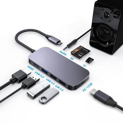 China PD Charger+ Data Transfer + Audio Aluminum Type C Docking Station with hdtv+usb3.0+pd charger+vudio+SD/TF usb-c to usb adapter for surfacepro for sale