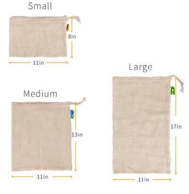 China Custom Eco-Friendly Reusable Drawstring BIODEGRADABLE Mesh Shopping Storage Bag S M L cotton sizes in one set. for sale