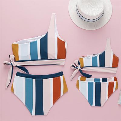 China QUICK DRY Adult Mommy and Me Stripes Bikini One Piece Swimsuit Mother Daughter Girls Swimwear Children Kids Asymmetrical Side Tie Swimwear for sale