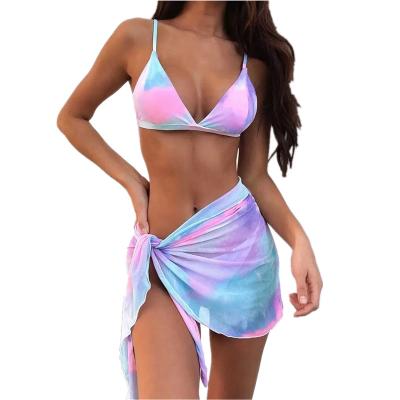 China QUICK DRY 3 Pcs Women Micro Bikini Set Mini Tie Dyed Cover Up Wrap Skirt Swimwear Sarongs Beach Wear Swimsuit for sale