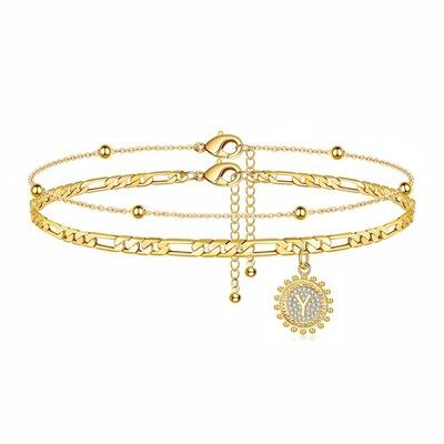 China New Trendy Amazon 2021 26 Letter Initial Anklet Round Multilayer Micro-Inlaid Zircon Copper 14k Gold Plated Layered Anklets for sale