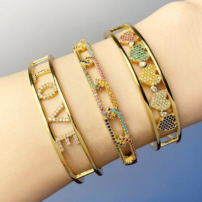 China New romantic colorful parzircon bracelet with letter gold plated cuff bracelets jewelry for women for sale