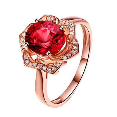 China Trendy 18K Gold Plated Big Gemstone Rose Ring Women Flower Red Diamond Ring for sale