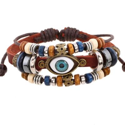 China Fashionable Wholesale Handmade Mens Wrist Bracelet Blue Eye Evil Eye Leather Bracelet for sale