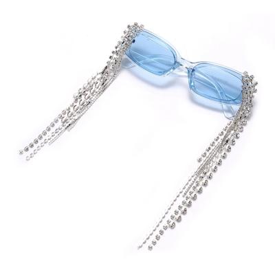 China Fashion Sunglasses Fit Diamond Tassel Point Frame Small Custom Chain Rectangular Sunglasses Unisex Jelly Color Glass Street Handmade Net Red for sale