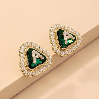 China TRENDY Vintage Letter A Triangle Shaped Crystal Rhinestone With Mini Pearl Stud Earring 2021 for sale