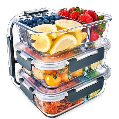 China Heatable Rectangle Bowl Glass Food Meal Storage Containers Kitchen Cool Storage Box With Lids for sale