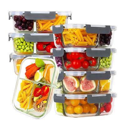 China Picnic Storage Container Heatable Outdoor Prep Lunch Bento Box Glass Food Container 2 Compartment Storage for sale