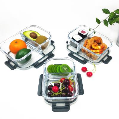 China Safe Glass Bento Lunch Box Leakproof Microwave Heatable Freezer Storage Food Box Containers With Divider for sale