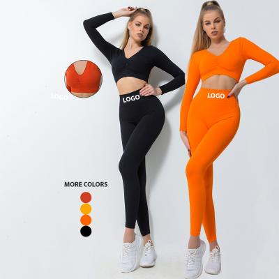 China Dropshipping Women Sportswear Antibacterial Fitness Workout Set Women Seamless Long Sleeve Yoga Set for sale