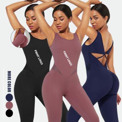 China 2021 New Design Yoga Bodysuit Workout Breathable Back Criss Cross Fitness Long One Piece Bodycon Jumpsuit For Women for sale