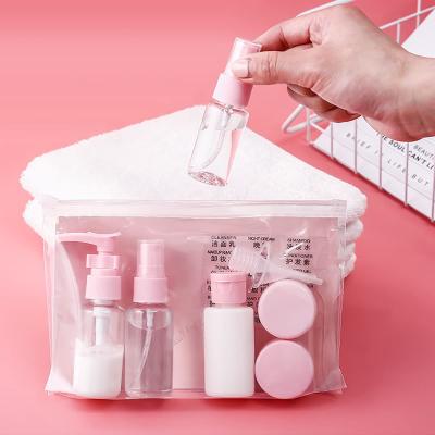 China 11 Piece Small Pet Pink Cosmetic Dispenser PP Refillable Portable Liquid Plastic Cosmetic Bottle Set Travel Bottles Pocket Set for sale