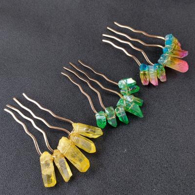 China Wholesale Europe Natural Crystal Rainbow Hair Comb Irregular Plated Crystal Column Witch Hair Comb Hair Accessories Hairpin for sale