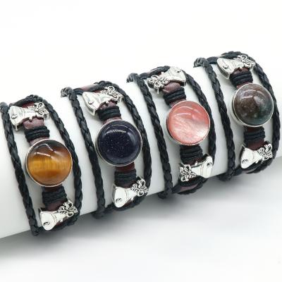 China Wholesale Christmas Gift Crystal Agate Cowhide Woven Europe Vintage Bracelet Alloy Inlaid Jade Bracelet for sale